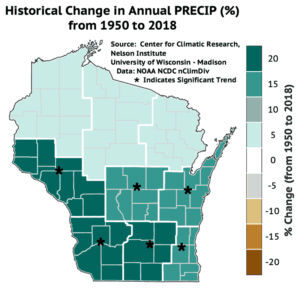 Wisconsin annual precipitation change, 1950-2018